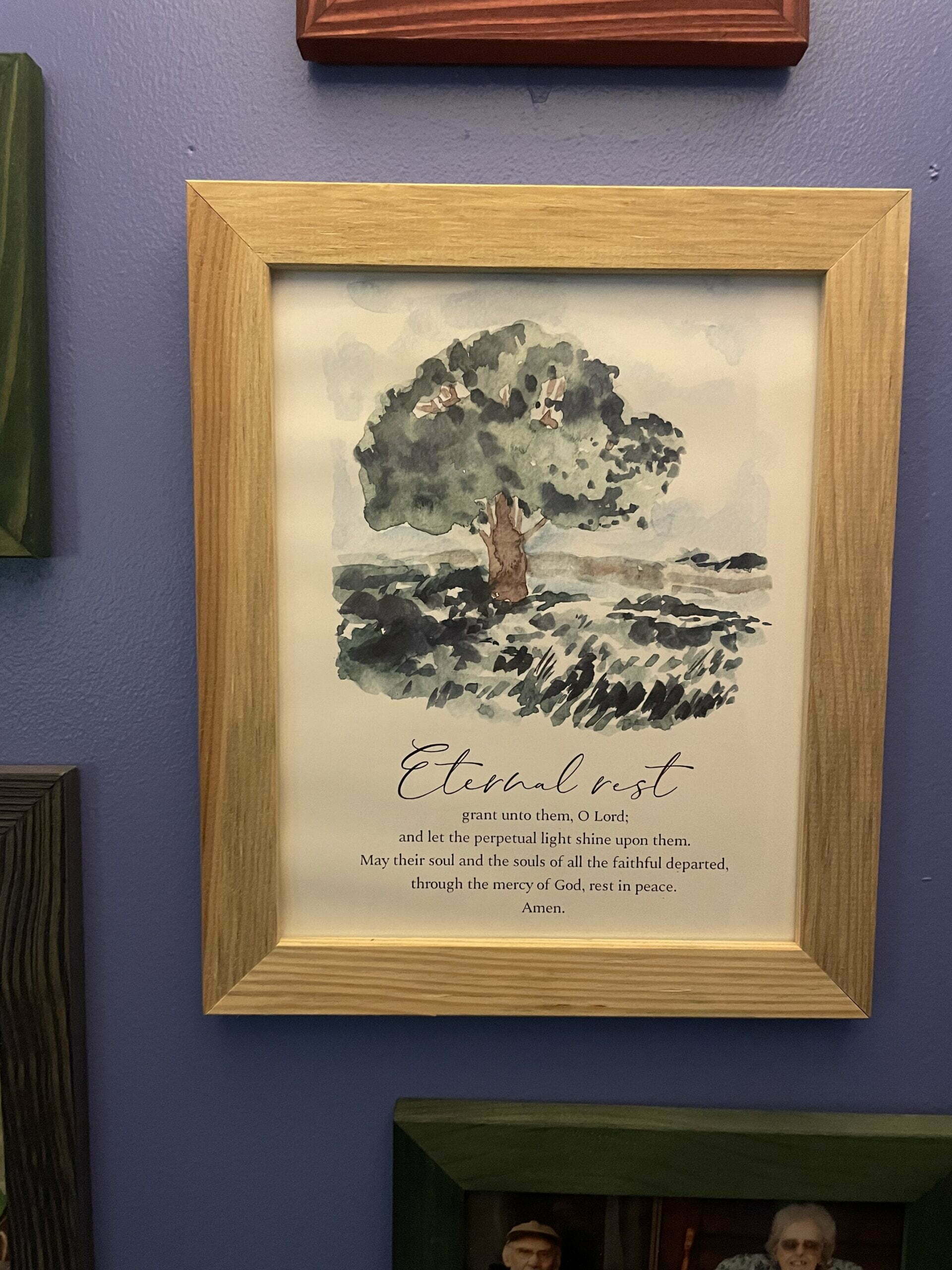 Framed watercolor with "eternal rest" prayer